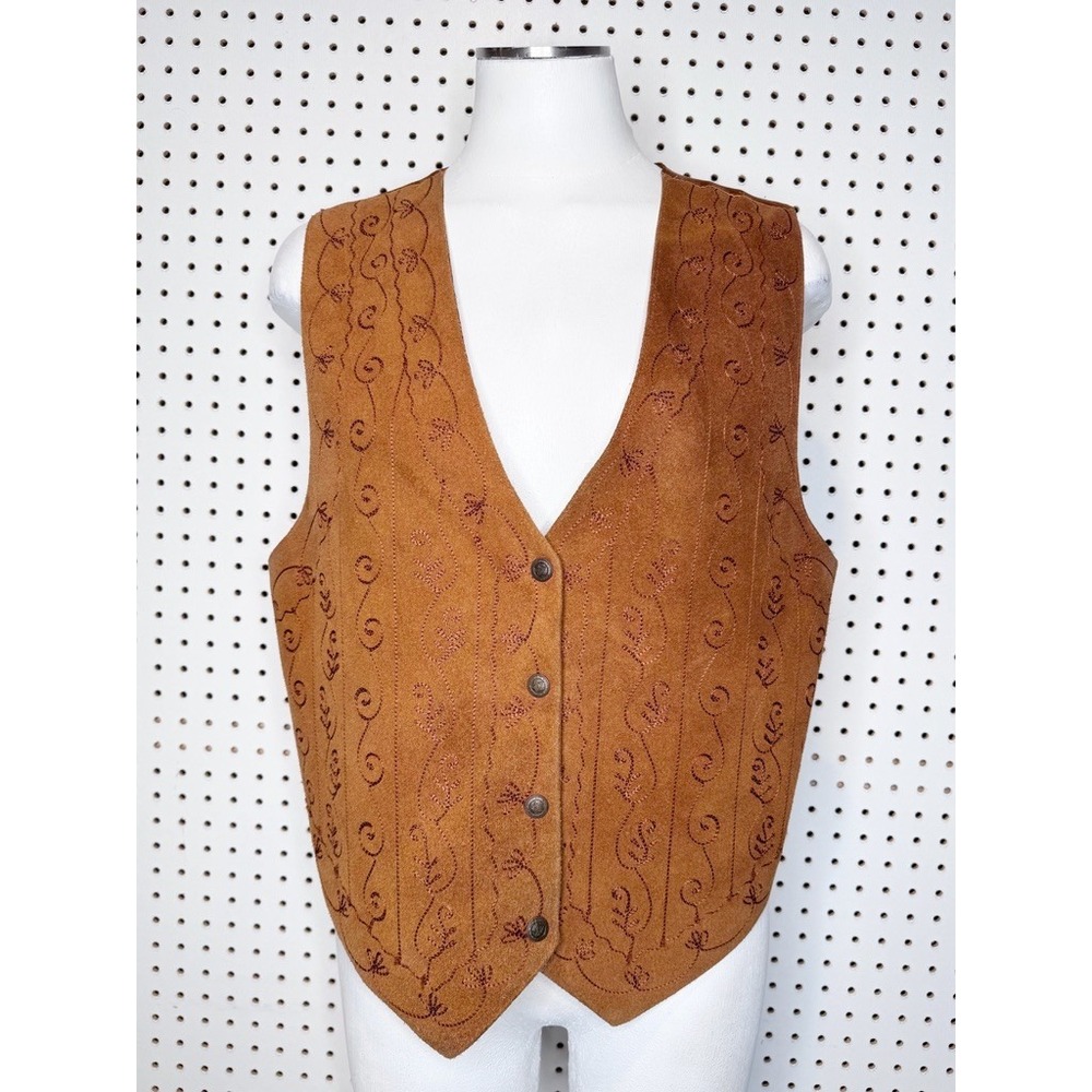 Vintage | Agapo Collection Brown Suede Leather Embroidered Floral Vest Large‎
